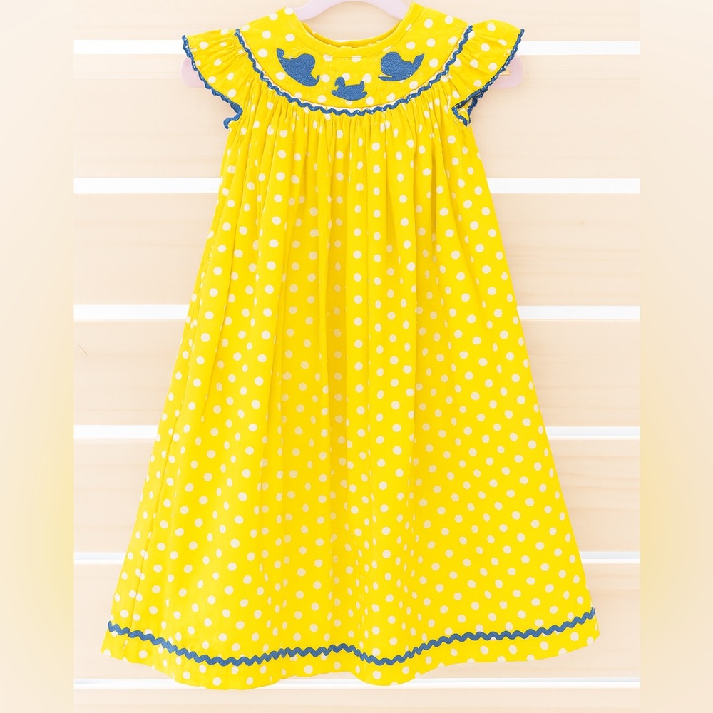Smocked Auctions Yellow Polka Dot Whale Dress - Size 5